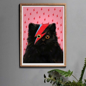 Black Cat Art Print, David Meowie Cat Art Work Gift for Men or Women in A3, A4, A5 or A6. Pink