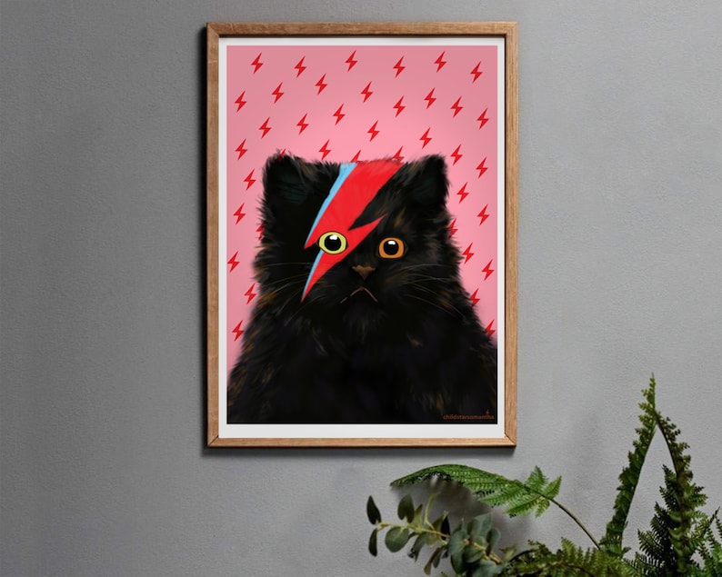 Black Cat Art Print, David Meowie Cat Art Work Gift for Men or Women in A3, A4, A5 or A6. Pink