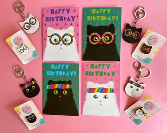 Funny Cat Gift Box for Birthday with Options including Keyring, Earrings, Necklace, Pin Badge, Card, Art Print.