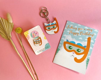 Scuba Diving Gift Box for Cat Lover with Snorkel Kitty, Eco Keyring, Earrings, Necklace, Pin Badge, Card, Litho Print.