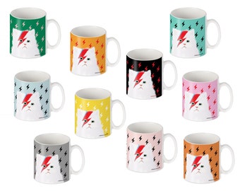 Cute Cat Mug with Lightning Bolt, Gift for Friend or Ceramic 9th Wedding Anniversary Gift for Him or Her in the UK.