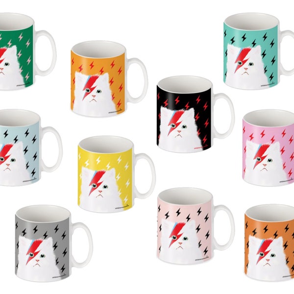 Cute Cat Mug with Lightning Bolt, Gift for Friend or Ceramic 9th Wedding Anniversary Gift for Him or Her in the UK.
