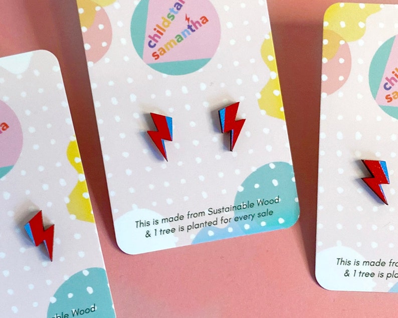 Lightning Mini Bolt Studs, Handmade Small Earrings made from Eco Wood, Birthday Jewellery Gift for Girlfriend or Wife. Red