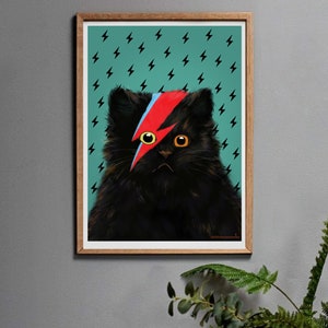 Black Cat Gifts for Men or Women, Meowie Cat Print Wall Art for Bedroom, Living Room or Hallway. Teal