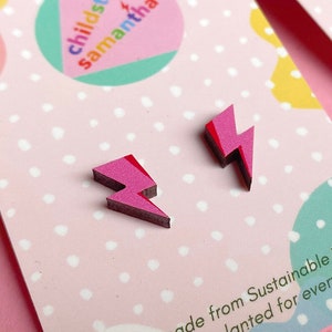 Lightning Mini Bolt Studs, Handmade Small Earrings made from Eco Wood, Birthday Jewellery Gift for Girlfriend or Wife. Pink