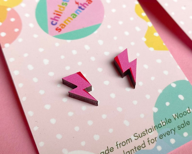 Lightning Mini Bolt Studs, Handmade Small Earrings made from Eco Wood, Birthday Jewellery Gift for Girlfriend or Wife. Pink