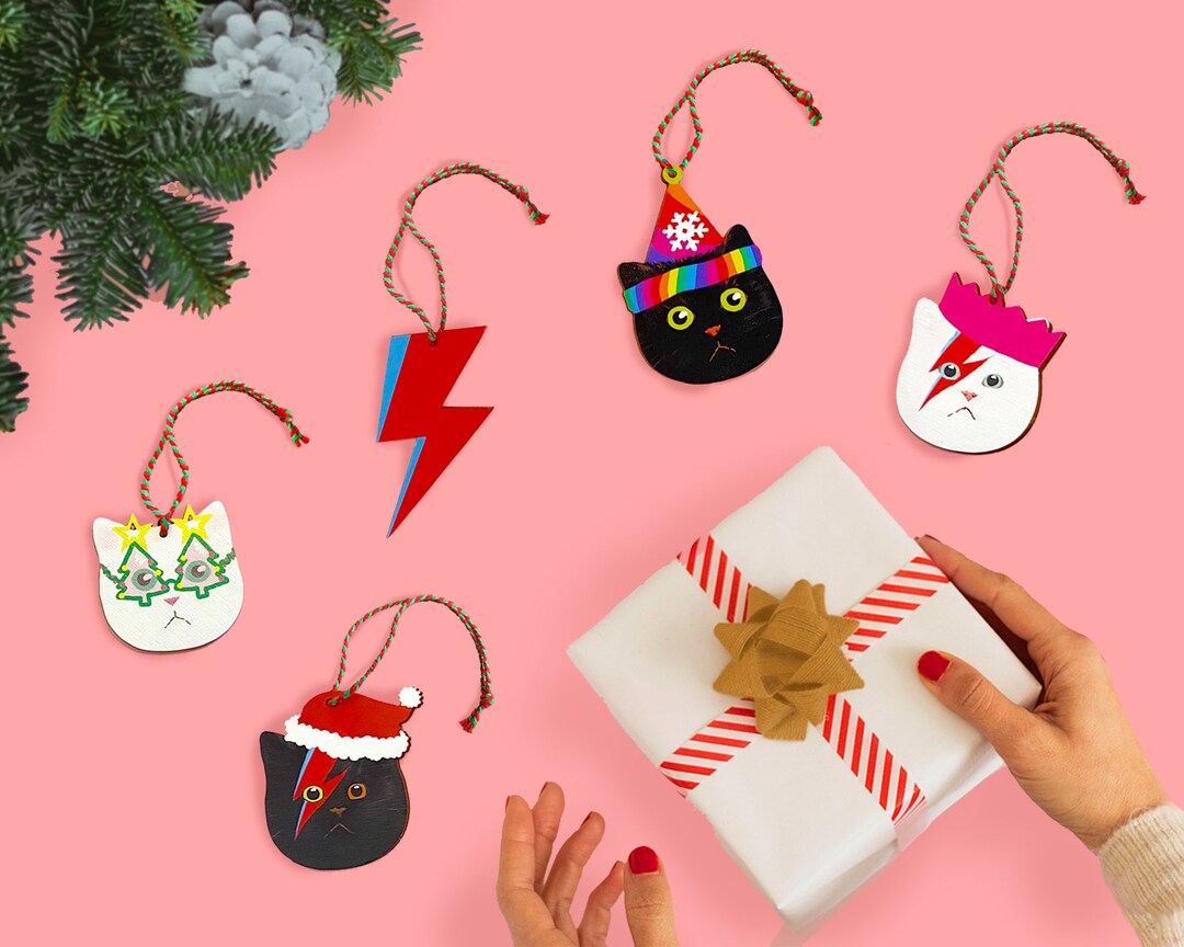 Christmas Tree Decorations Set, Wooden Xmas Ornaments With Cats and