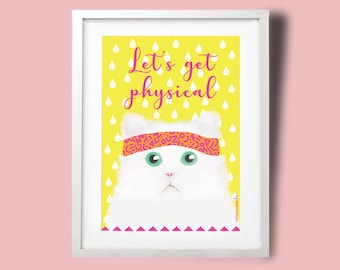 May include: A white cat with a pink headband featuring a geometric pattern is wearing a headband and looking at the camera. The background is yellow with white raindrops and the text "Let's get physical".