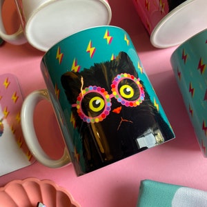 Rainbow Headband Cat Mug with Hand Sublimated Print for LGBTQ Pride or Cat Lovers' Birthday Present. Teal