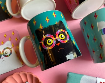 Black Cat Wearing Glasses Mug, Teal Home Decor or Pink Kitchen Accessories, Funny Cat Mug Gift.