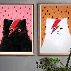 Set of 2 Prints of Black and White Cats, Pink and Orange Cat Picture, Cool Teen Room Decor Birthday Gift for Teenager.