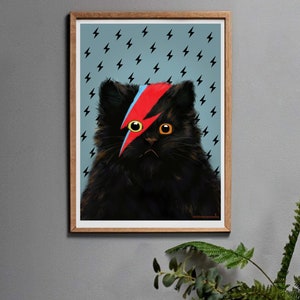 Black Cat Art Print, David Meowie Cat Art Work Gift for Men or Women in A3, A4, A5 or A6. Blue