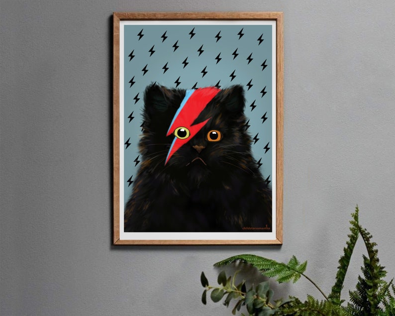 Black Cat Art Print, David Meowie Cat Art Work Gift for Men or Women in A3, A4, A5 or A6. Blue