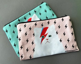 Cat Cosmetic Bag, Cotton Make Up Bag Gift for Her, Turquoise Lined Makeup Bag for Women.