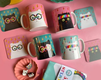 Cat Mug with Rainbow Pride Accessories or Cat Wearing Glasses, Funny Gift for Cat Lover Birthday.