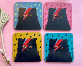 Black Cat Gift - Melamine Coasters Set of 4 or Single Coasters, Lightning Bolt Cat Gift for Men or Women.