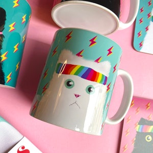 Rainbow Headband Cat Mug with Hand Sublimated Print for LGBTQ Pride or Cat Lovers' Birthday Present. Blue