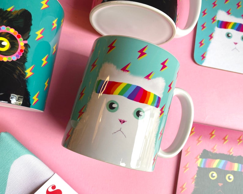 Rainbow Headband Cat Mug with Hand Sublimated Print for LGBTQ Pride or Cat Lovers' Birthday Present. Blue