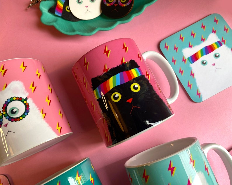 Rainbow Headband Cat Mug with Hand Sublimated Print for LGBTQ Pride or Cat Lovers' Birthday Present. Pink