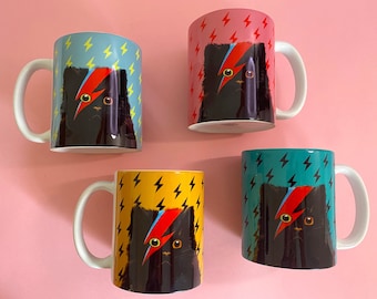 Black Cat Mug in Yellow Ochre, Teal, Pink or Grey, Ziggy Stardust Cat Cute Gift for Girlfriend or Boyfriend.