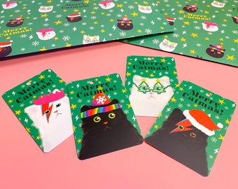 Cat Christmas Cards Pack of 4, David Meowie Cat Xmas Cards. Eco Friendly, Gold Envelopes