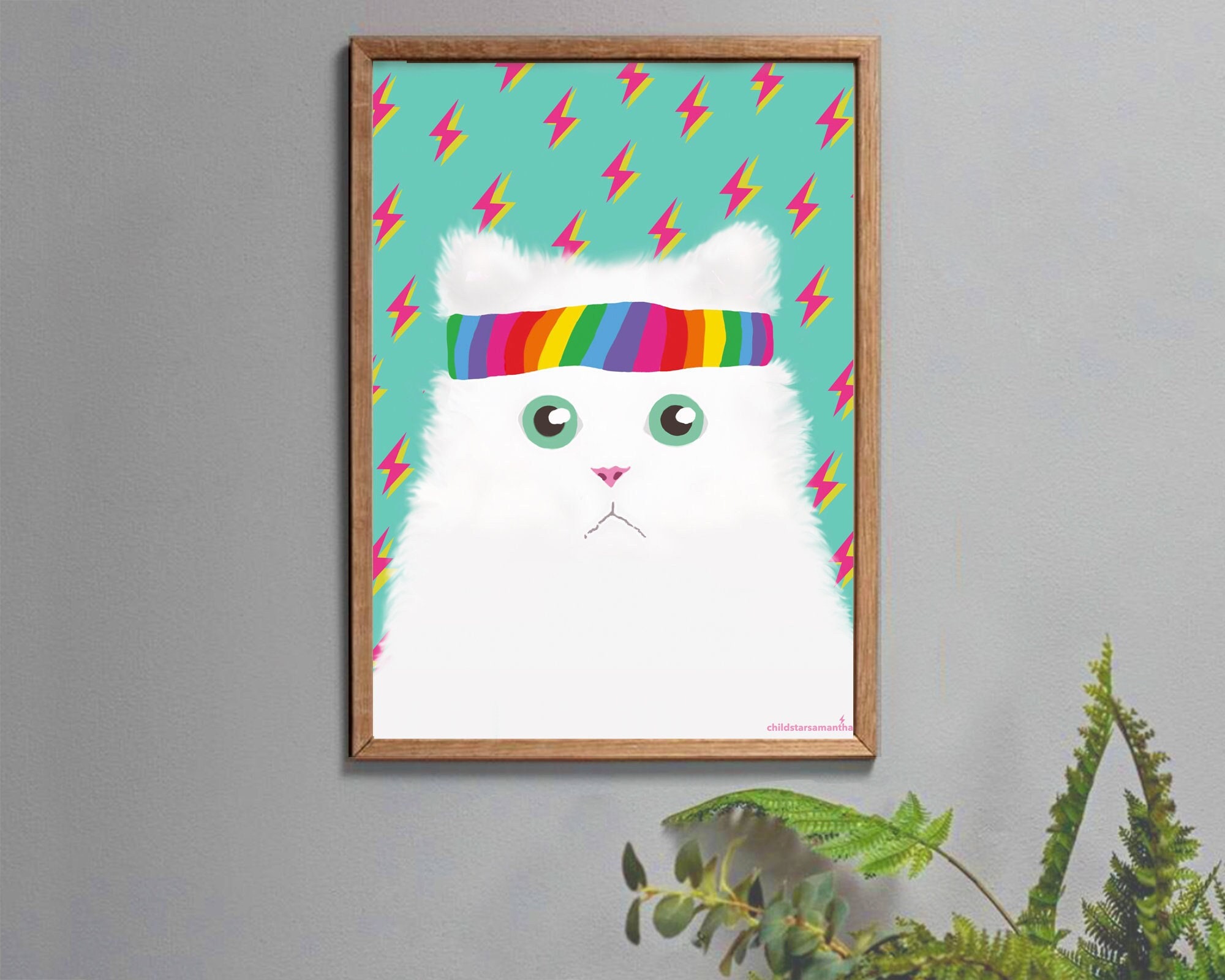 Weiße Katze Kunstdruck, Regenbogen Pride Stirnband Kitty Wand Geschenk für Sportliebhaber und Fitness Fanatiker in A3, A4, A5 oder A6.
