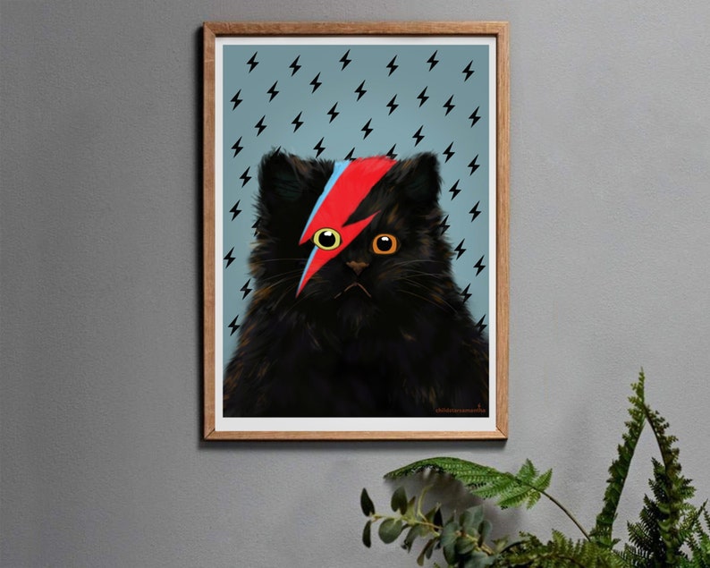 Black Cat Gifts for Men or Women, Meowie Cat Print Wall Art for Bedroom, Living Room or Hallway. Blue