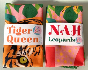 Tea Towel Set of 2 Kitchen Gift for Friend, Tiger Queen of the Jungle & NAH Leopards, Housewarming Gift for Couple.