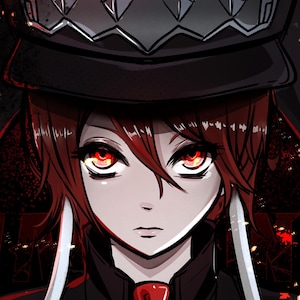 Peut inclure: Illustration de style anime d'une personne aux cheveux et aux yeux rouges, portant un uniforme noir avec une cravate rouge. Le chapeau a un emblème de crâne. L'œuvre a une esthétique sombre et dramatique.