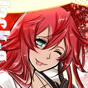 May include: Anime-style illustration of a character with long red hair and green eyes, winking and sticking out their tongue. The character wears a white outfit with black accents and a pendant. The background is red with white dots and the word "Jack-O" is visible.