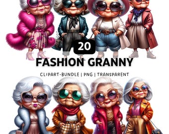 Paquete de 20 imágenes PNG de abuelas de moda y divertidas para sublimación y proyectos creativos.