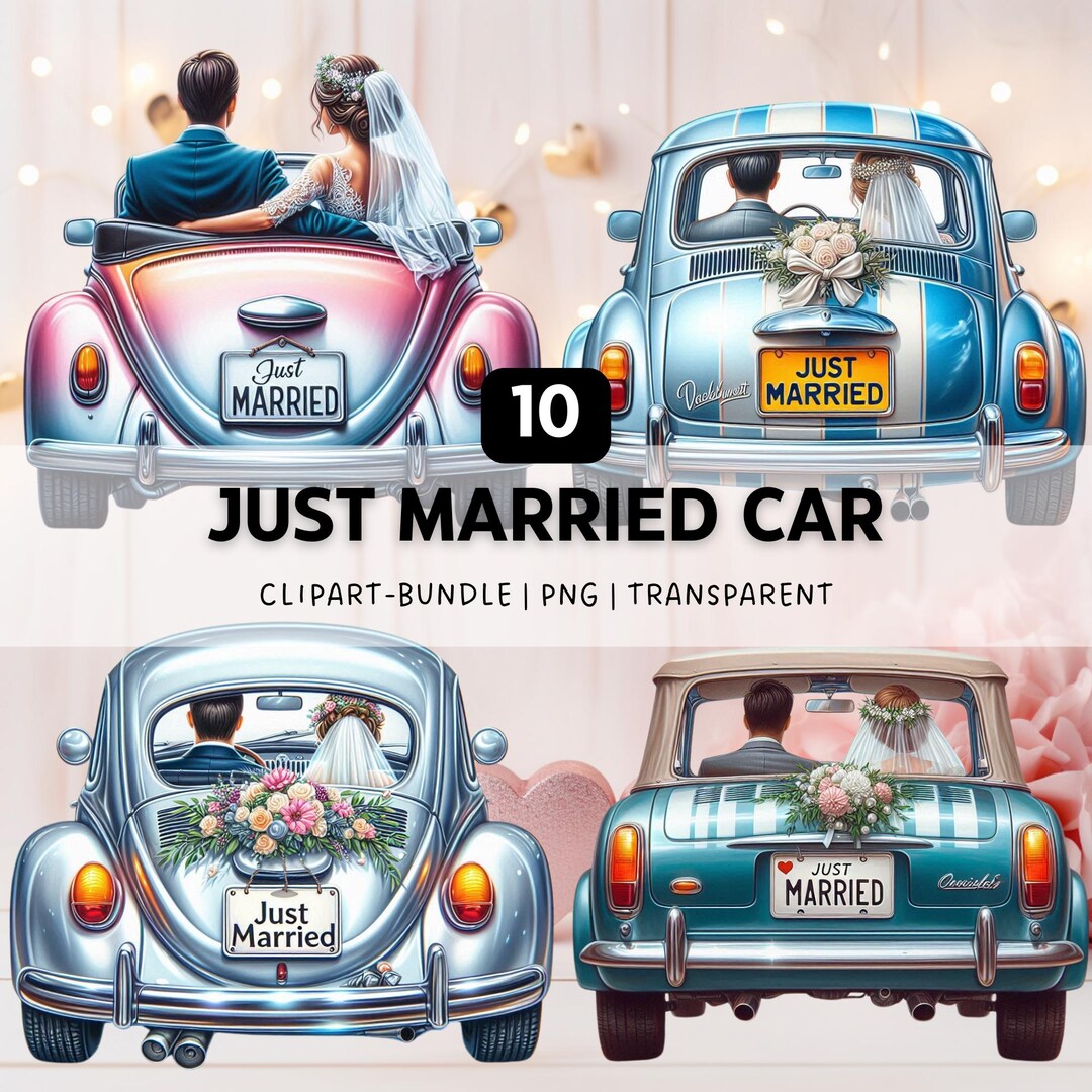 Just Married Car Clipart Bundle, Bride and Groom PNG Set, Wedding ...