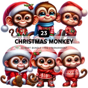 May include: A digital collection of 23 Christmas monkey illustrations featuring various monkeys wearing red Santa hats, festive jumpers, scarves, and winter boots. The text 23 CHRISTMAS MONKEY CLIPART-BUNDLE | PNG | TRANSPARENT is displayed.