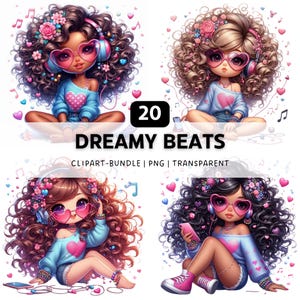 20 Dreamy Beats Girl PNG, Girl Clipart, Chibi Clipart, Trendy PNG, Quirky Girl Clipart, Girl Power, PNG Bundle, Digital Download