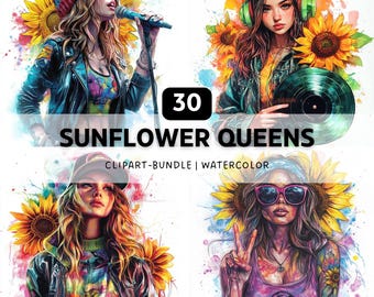 Pacchetto di clipart PNG "Sunflower Queens", 30 disegni femminili ad acquerello per sublimazione, download digitale