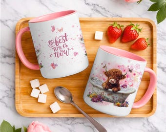 Dreamy Highland Cow Sublimation Mug Wrap, Coffee Mug PNG Template for 11oz & 15oz Cups