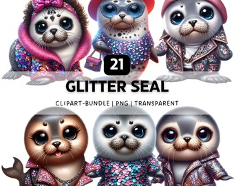 21 Glitter Seal PNG, Kawaii Animal Bundle, Funny Whimsical Clipart for Sublimation & Crafts