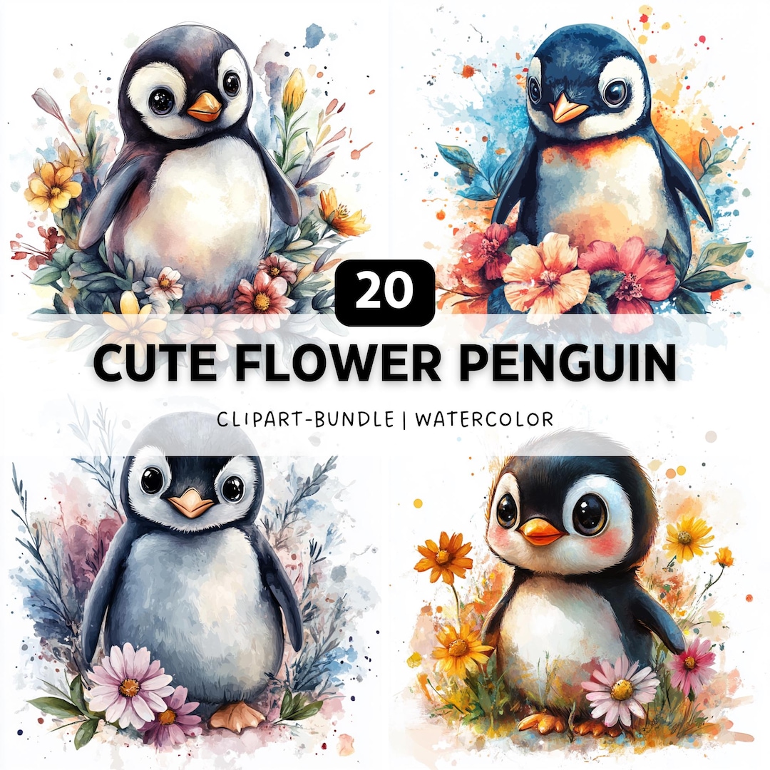 Spring Flower Penguin 20 Cute Flower Penguin PNG, Wildlife Clipart Bundle, Watercolor Animal ...