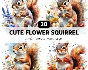 20 Watercolor Squirrel Clipart Bundle, Wildlife Animal PNG, Digital Download