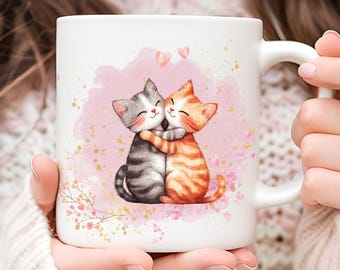 Cuddling Cats Mug Wrap PNG, 11oz 15oz Template, Valentine Coffee Mug Sublimation, Digital Download