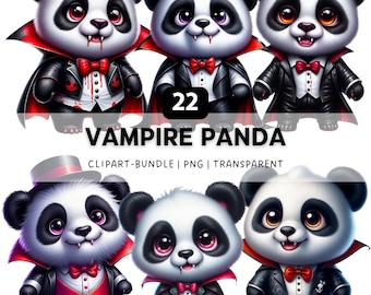 Vampire Panda Clipart Bundle, Halloween Kawaii Gothic Animals PNG, Spooky Pandas for Sublimation
