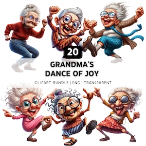 Può includere: Un pacchetto di clipart digitali con sei nonne dei cartoni animati che ballano allegramente. L'immagine include il testo "20 GRANDMA'S DANCE OF JOY" e le parole "CLIPART-BUNDLE | PNG | TRANSPARENT". Le nonne indossano vari abiti e occhiali.