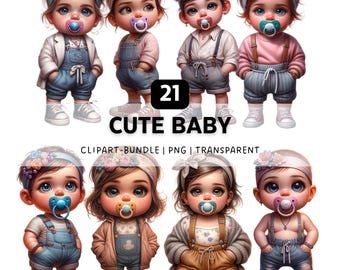 21 Cute Baby PNG, Chibi Boy and Girl Clipart Bundle for Baby Shower Partys and Crafts