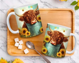 Sunflower Highland Cow Mug Wrap PNG, 11 & 15 oz Mug Template Sublimation Design