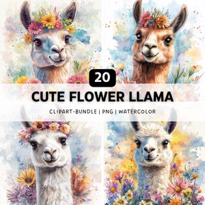 20 Cute Flower Llama PNG, Llama Clipart, Animal Clipart, Watercolor Clipart, Animal PNG Bundle, Sublimation Designs, Digital Download
