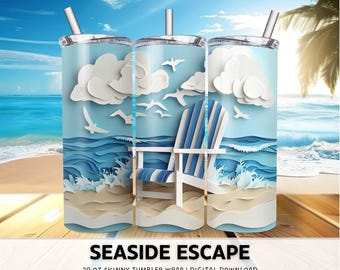 3D Summer Tumbler Wrap, Skinny 20 oz Beach Sublimation Design, Digital Download