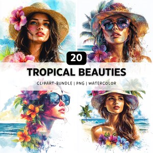 20 bellezze tropicali, clipart acquerello, png romantico, png amore, clipart donna, png acquerello, disegni a sublimazione, download digitale