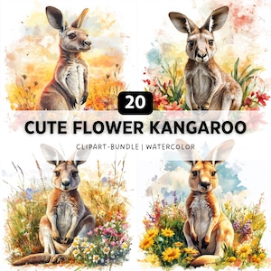 20 Cute Flower Kangaroo PNG, Kangaroo Clipart, Animal Clipart, Watercolor Clipart, Animal PNG Bundle, Sublimation Designs, Digital Download