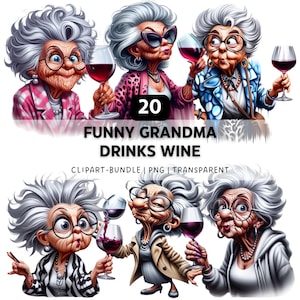 Pode incluir: Ilustração digital com seis avós de desenho animado com cabelo grisalho, óculos e taças de vinho. A imagem inclui o texto "20 FUNNY GRANDMA DRINKS WINE" e "CLIPART-BUNDLE | PNG | TRANSPARENT".