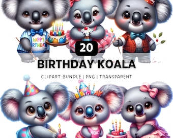 20 Birthday Koala PNG, Funny Kawaii Animal Clipart Bundle for Sublimation and Crafts
